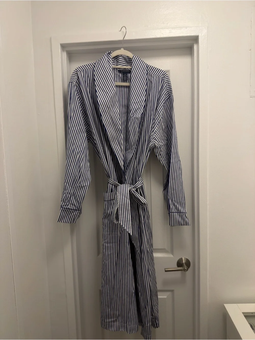 Ralph Lauren Navy & White Vertical-Stripe Poplin Robe